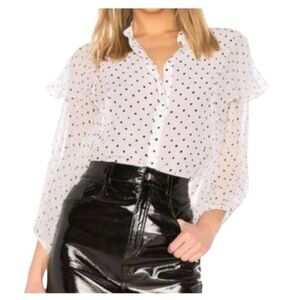 Saloni Silk Polka Dot Button Up Balloon Sleeve Blouse Black White